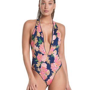 Maaji blue bell Tiky V-Plunge Reversible One-Piece Swimsuit  medium NEW